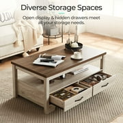 LINSY HOME Coffee Table with Storage Drawers, Wooden Farmhouse TV Stand Center Table for Living Room, Oak White