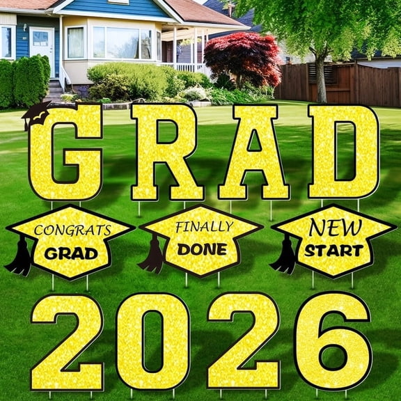 GameXcel Graduation Yard Signs Class of 2026, 11Pcs Congrats Grad Lawn Sign with Stakes, Gold Black Outdoor Decoration for High School College