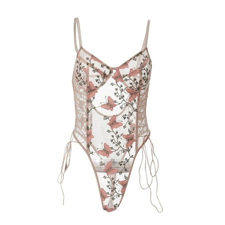 

Bodysuit For Women Lingerie Camisole Butterfly Floral Lace Embroidered Belt Lace Up ole Lace Embroidered Belt Lace Up Pink L