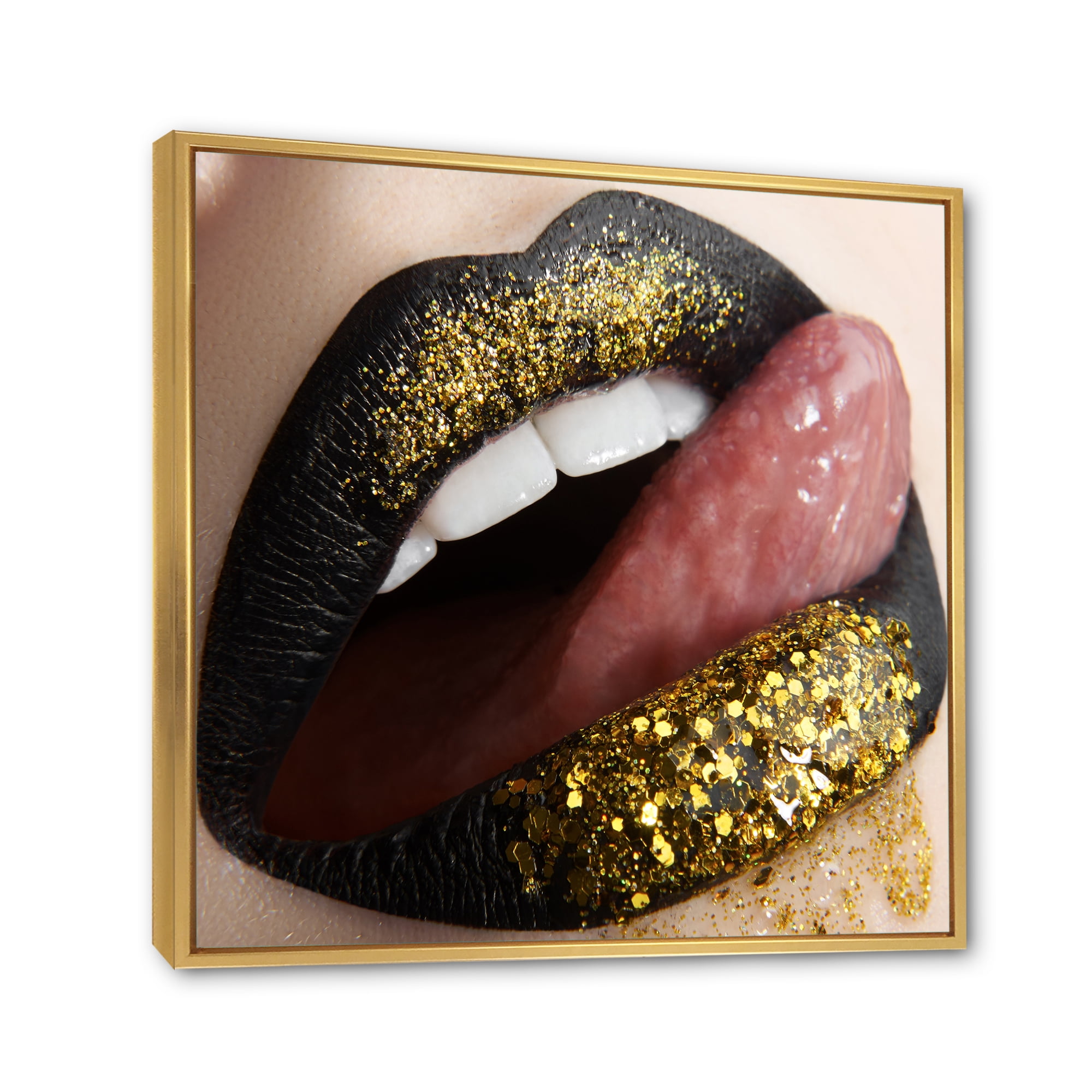Designart 'Woman Lips Black Lipstick and Gold Sequins' Modern Framed Canvas Wall Art Print