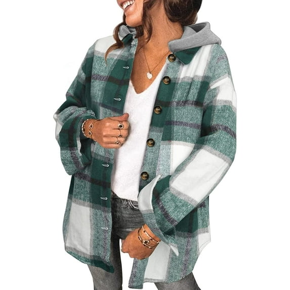 QWZNDZGR Women Casual Plaid Shacket Jacket Hoodies Long Sleeve Button Down Flannel Shirts