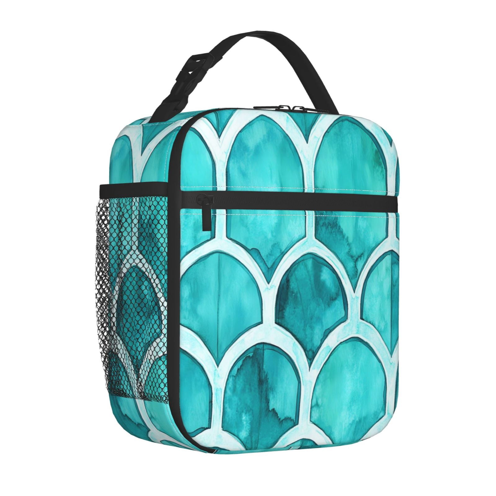 Lunch Bag For Women Men Insulated Portable Lunch Box Bento Box Office Picnic Travel Cooler Bag Turquoise Moroccan Trellis Hand-Drawn Sketch_2