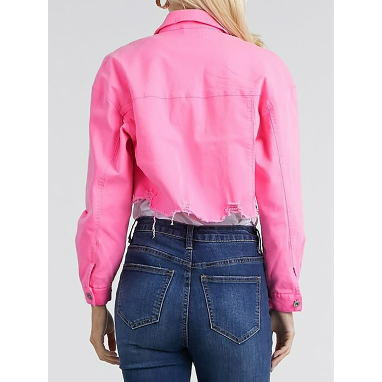 Womens Neon Pink Denim Jacket Size 14 12 10 8 16 Ladies Jean Cropped Jackets