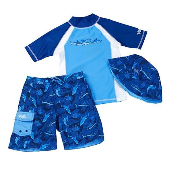 UV SKINZ Little Boys 3 Piece Rashguard Swimsuit Set (Shark Tank, 7