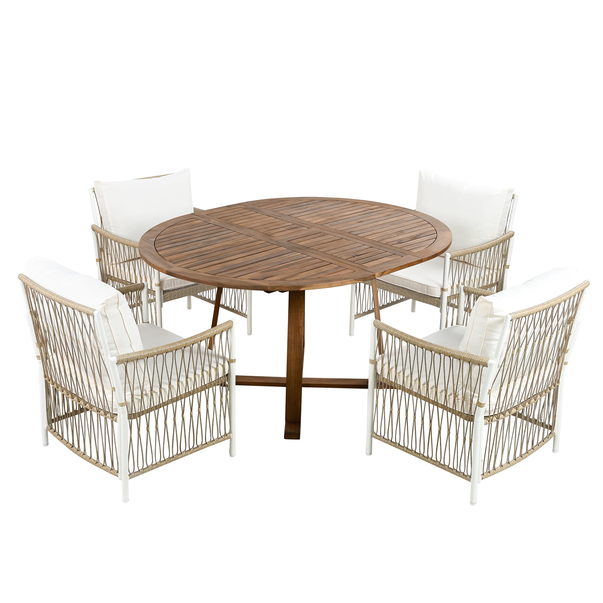 Harper & Bright Designs Patio Extendable Dining Table Set for 4, Outdoor Dining Furniture with Foldable Leaf Table and 4 Rattan Arm Chairs for Backyard Garden, Natural