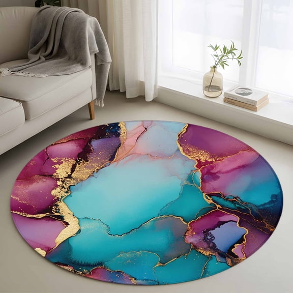 Round Area Rug 4 Ft, Turquoise Pink Blue Washable Non-Slip Circle Carpet for Living Room/Bedroom, Modern Gradient Abstract Marble Low-Profile Crawling Mats Collection Rugs for Indoor