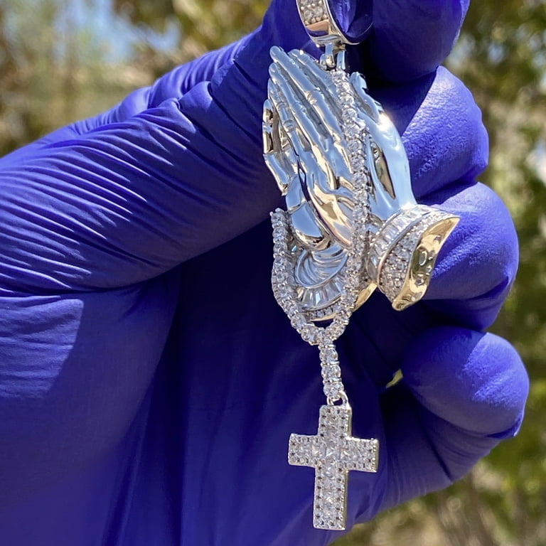 Real Solid 925 Sterling Silver Icy Pendant Praying Hands w