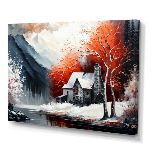 Designart Monochrome Orange Cottage In Winter X Canvas Wall Art