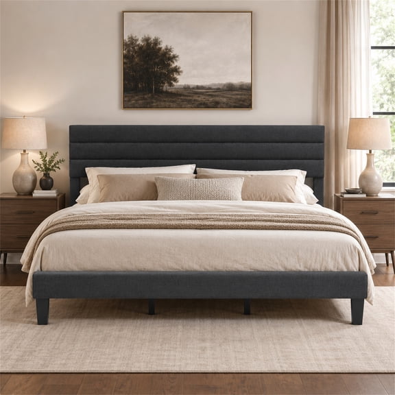 SESSLIFE King Bed Frame, 3-Position Adjustable Headboard Linen-Like Upholstered Platform Bed Frame for Teens Adults, No Box Spring Needed, Easy Assembly, Noise Free, Dark Gray