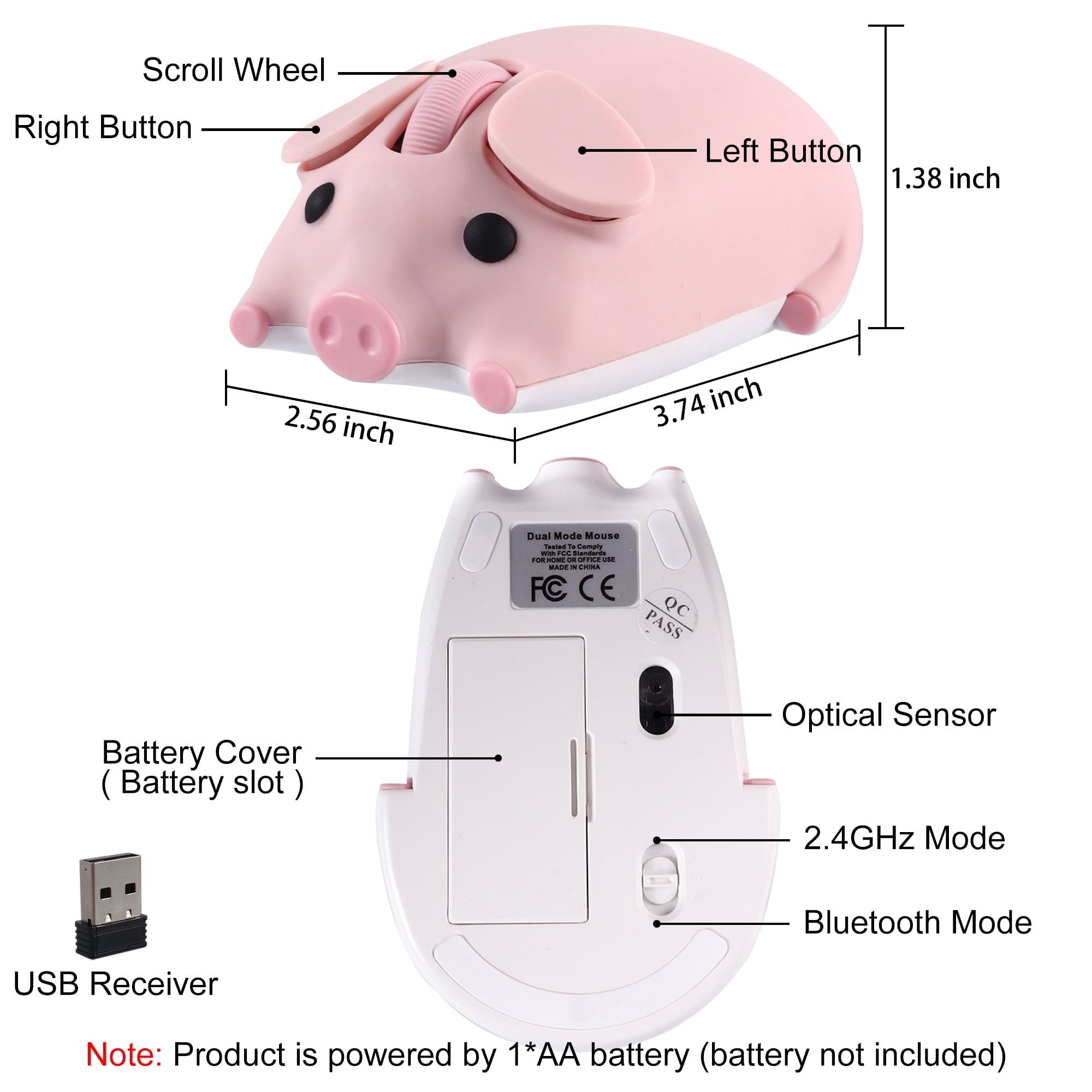 Dpisuuk Wireless Bluetooth Mouse Cute Animal Pig Shape 2.4G & Bluetooth Dual Mode Computer Mice with USB Receiver Portable Compact Optical Cordless Mouse for Laptop PC Notebook Kids Gift, Pink