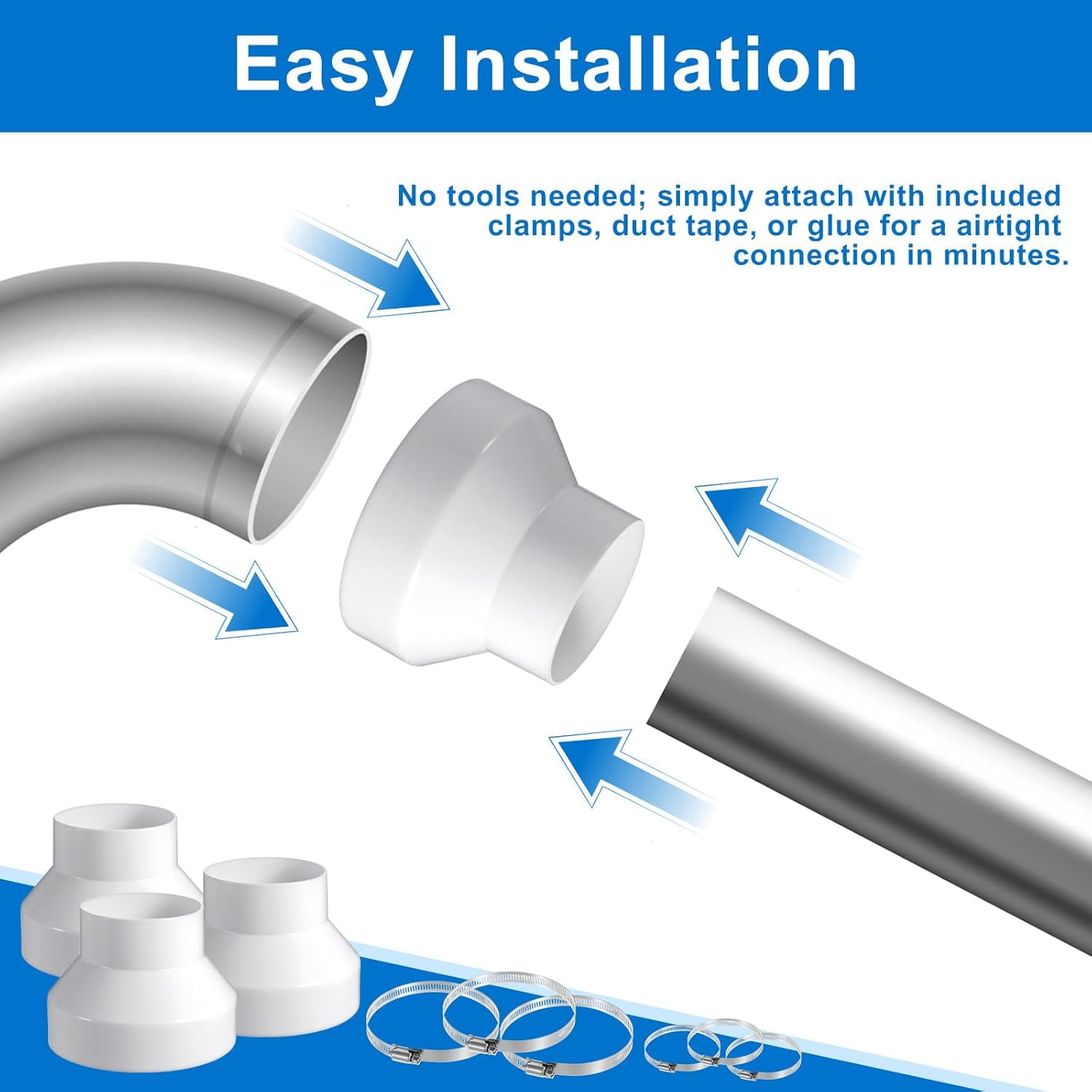 ABCISI 3PCS 6 to 4 Inch Duct Reducer Adapter, ABS Plastic & Stainless Steel HVAC Ventilation Pipe Connector for Kitchen, Bathroom, Grow Tent, Inline Ventilation System – White