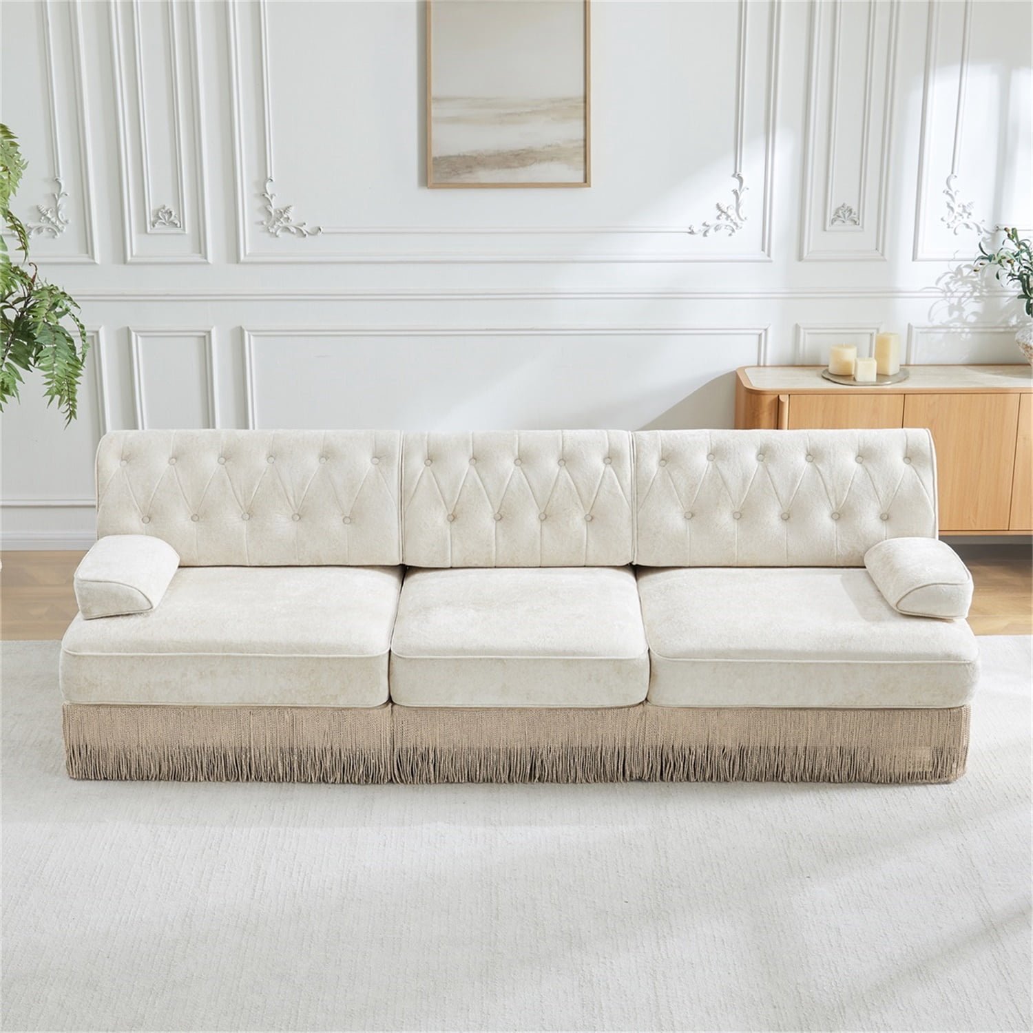 Hommoo 3-Seater Chesterfield Style Velvet Fabric Sofa Couch set, Tufted Button Upholstered Design and Floor-grazing Tassel, Free Combination Sectional Sofa, for Home, Beige
