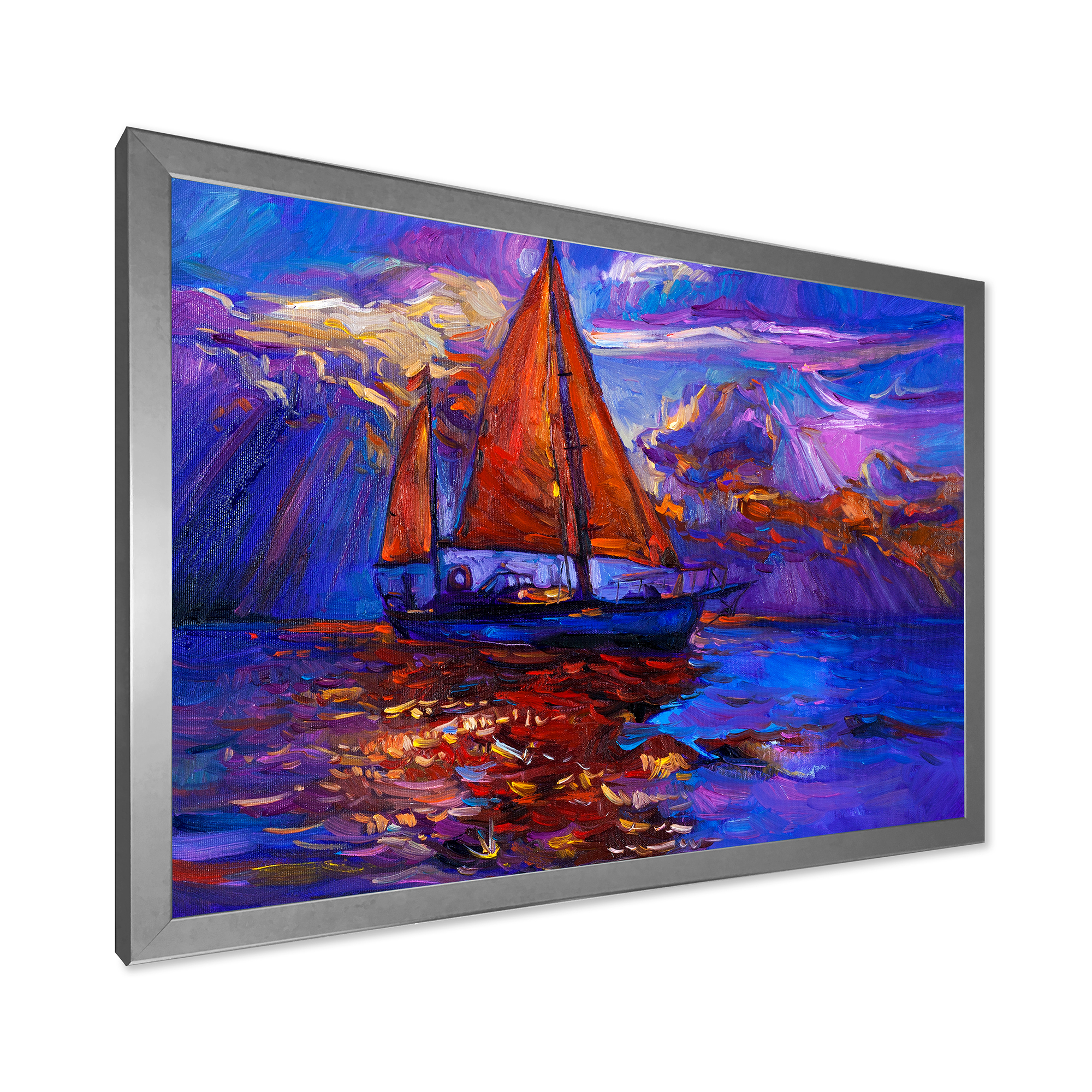 Designart 'Red Sail Ship On Purple Sunset in Blue Ocean' Nautical & Coastal Framed Art Print