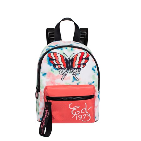 Ed Hardy Women's Black/Coral Nylon Mini Backpack with Adjustable Shoulder Strap