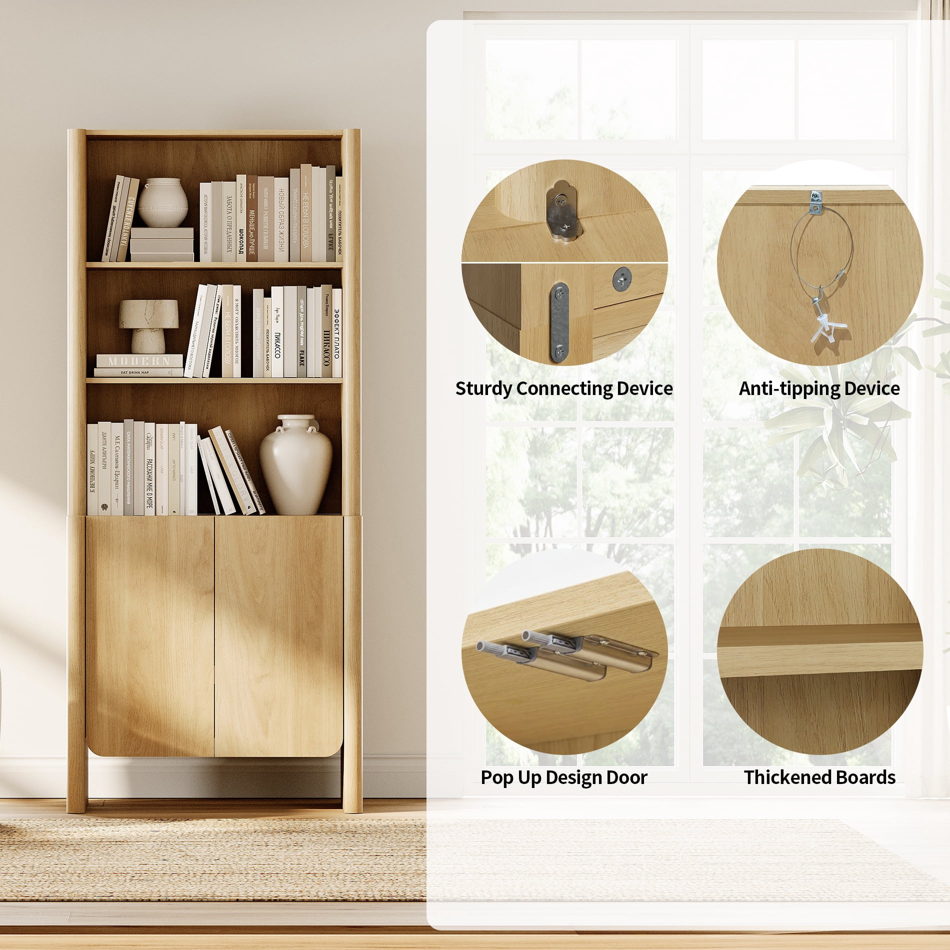 63-Inch Modern French Bookcase with Curved Edges, Doors and Open Shelves, 72.8" Tall, Oak