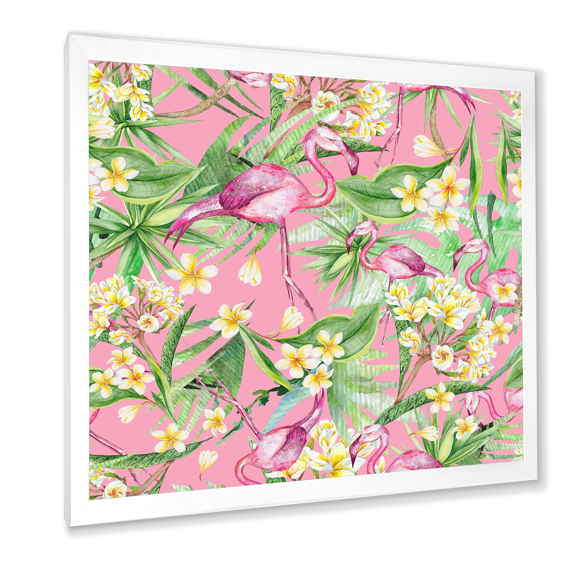 Designart 'Yellow Flowers, Tropical Foliage With Flamingo III' Modern Framed Art Print