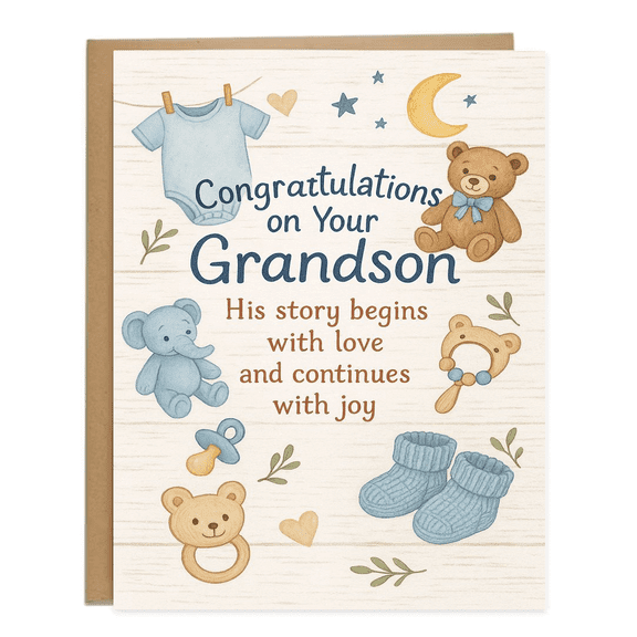 Congratulations Card for Grandson – Adorable Baby Shower or Newborn Card – Celebratory Design with Cute Illustrations – Perfect for New Parents