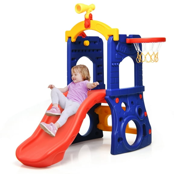 Topbuy 6-in-1 Freestanding Kids Toddler Slide Set with Basketball Hoop&Ring Toss Indoor&Outdoor