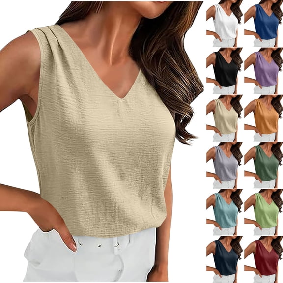 FAIWAD Women Tank Tops Dressy Casual Sleeveless V Neck Shirts Ruched Shoulder Blouse Business Work Clothes