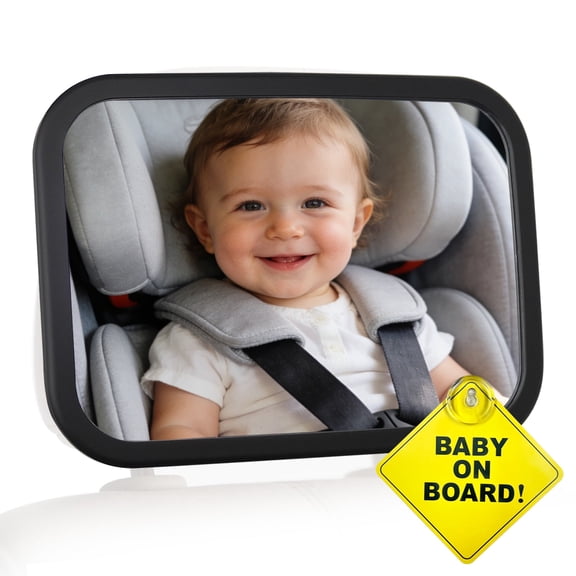 Baby Car Mirror Rear Facing, Shatterproof Safety Certified Infant Car Mirror for Back Seat, Universal Car Seat Mirror with Secure Strap & Buckle, Includes Free "Baby on Board" Sticker