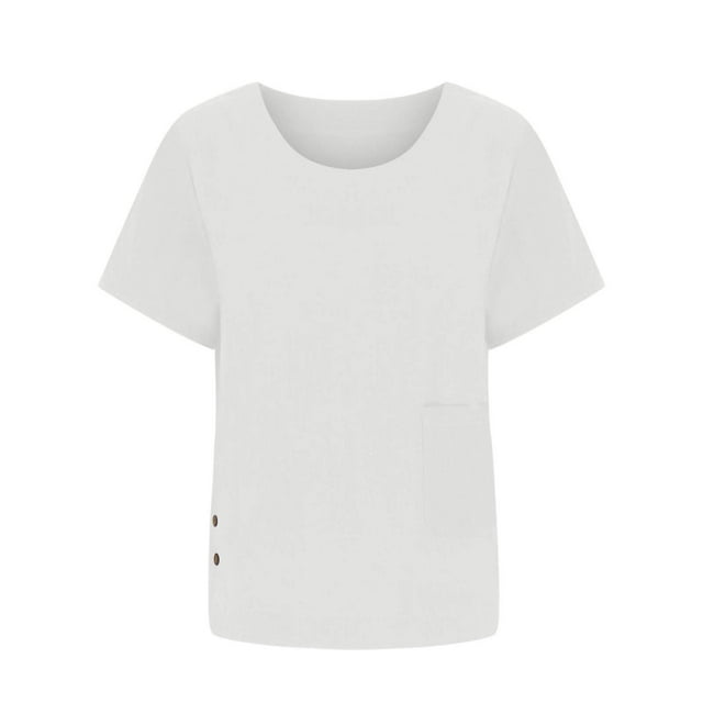 Hauts d'Été pour Femmes Col Rond Bouton Coton Lin Manches Courtes T-Shirt Uni Décontracté Grande Taille Blouse Tee