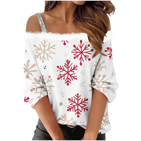 Womens Christmas Tops Casual Winter Snowflake Print Blouse 3/4 Sleeve Cold Shoulder Shirt Top for Women Christmas Shirts My Items