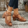 thumbnail image 5 of Womens Sandals Chunky Heel Gladiator Open Toe Summer Women's Trendy Solid Color Peep Toe Women Footwear Comfortable Walking Beach Sandals for Women Brown 6.5, 5 of 6