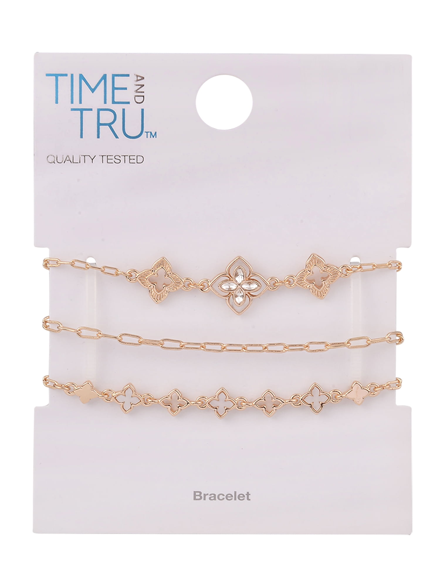 Time and Tru Adult Female Gold-Tone Pearlized Resin Clover Shape 3pc Chain Bracelet Set