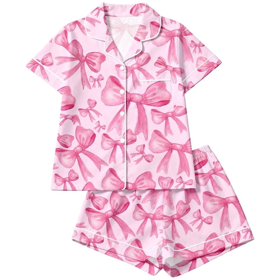 RUTAYY Girls Pajama Set Watercolor Bow Graphic Button Down Lapel Collar 2 Piece Sleepwear Home Sleep Outfit Pink