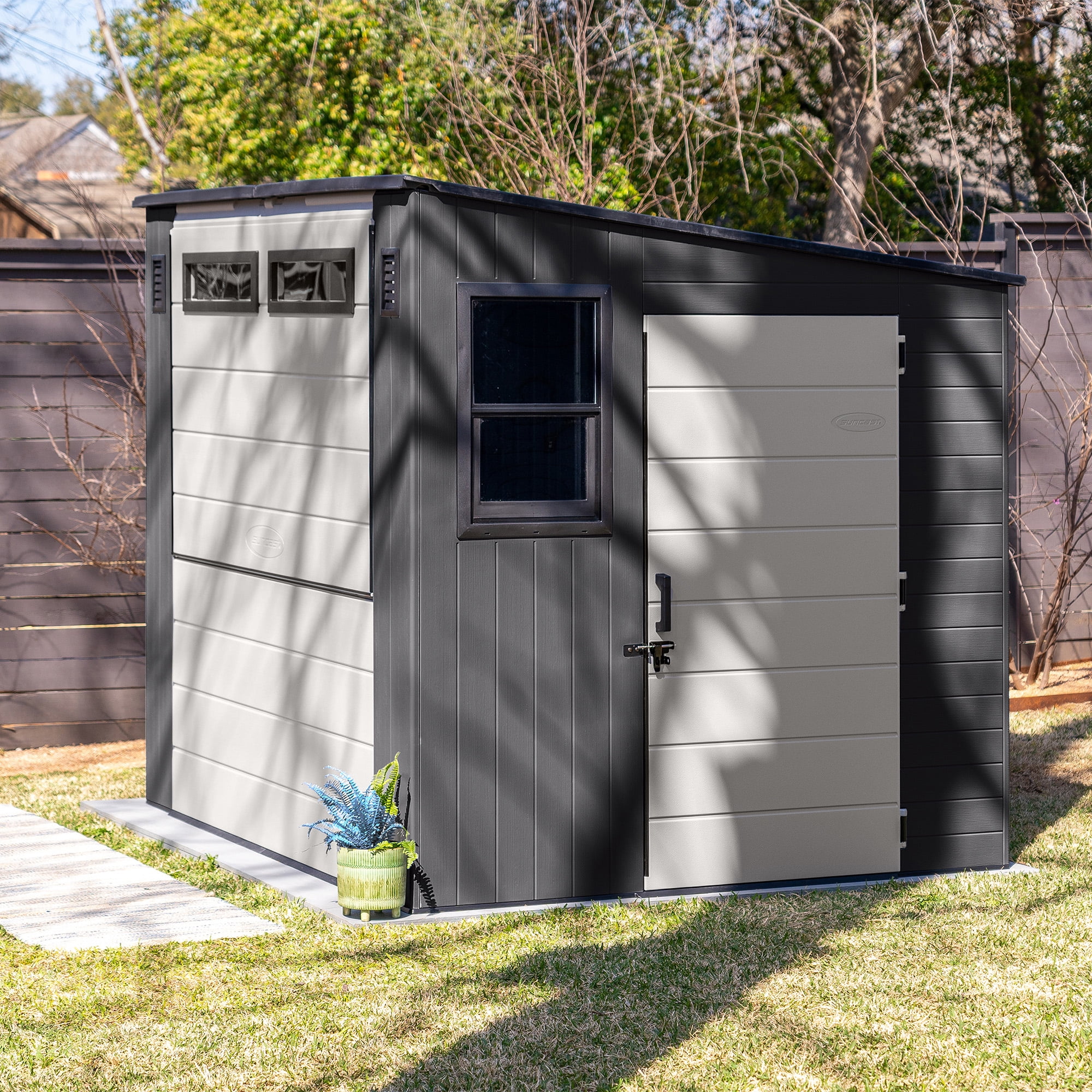 Suncast 8' x 7' Cabana Entertainment Storage Shed, All-Weather Outdoor Shelter, Gray