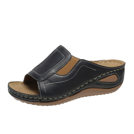 

Slippers for Women Ladies Fashion Solid Color Leather Open Toe Wedge Heel Platform Casual Sandals Womens Slippers Pu Dark Blue 42