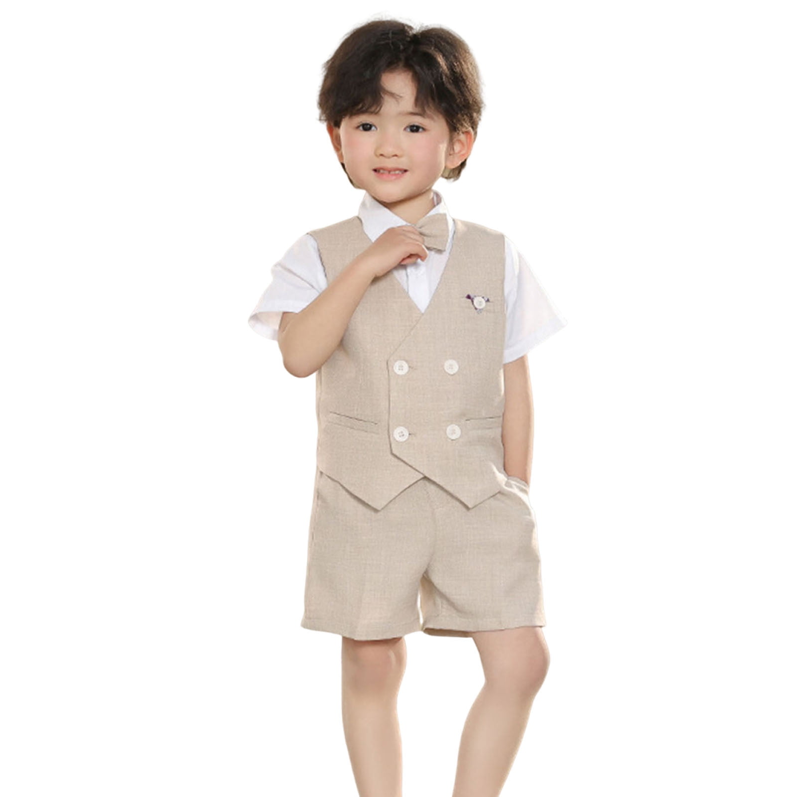 ZACPNCV Baby Boys Formal Suit Set Short Sleeve Romper Suspenders Shorts Pants Bowtie Wedding Tuxedo Outfits Cake Clothes Khaki 7-8 Years