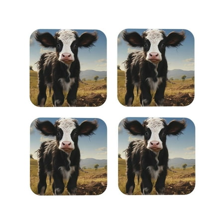

Junzan Cute Prairie Cow Print Coasters for Drinks - Leather Coasters Set of 4 for Coffee Table for Housewarming/Kitchen/Bar/Decor-Square
