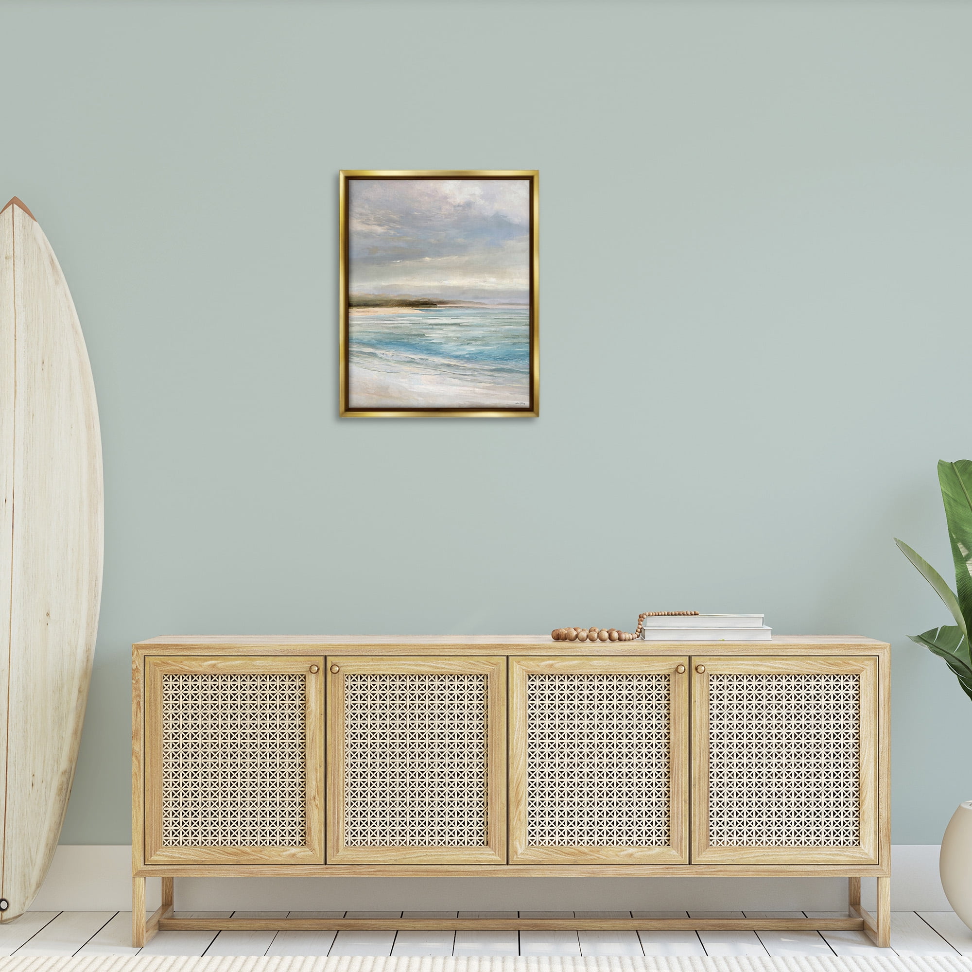 Stupell Industries Overcast Beach Scenery Landscape Painting Gold Floater Framed Canvas Art Print Wall Art, 25 x 31