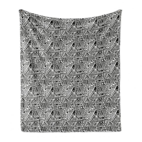 Tribal Soft Flannel Fleece Blanket, Monochrome Pattern of Triangular Shapes Ethnic Motifs in Boho Style Print, Cozy Plush for Indoor and Outdoor Use, 50" x 70", Charcoal Grey White, by Ambesonne