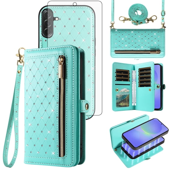 Asuwish Phone Case for Samsung Galaxy A16 5G/4G Zipper Wallet Detachable Cell Cover with Tempered Glass Screen Protector Crossbody Lanyard Strap Bling Glitter Flip Card Holder Slot SM-A 16 16A Green