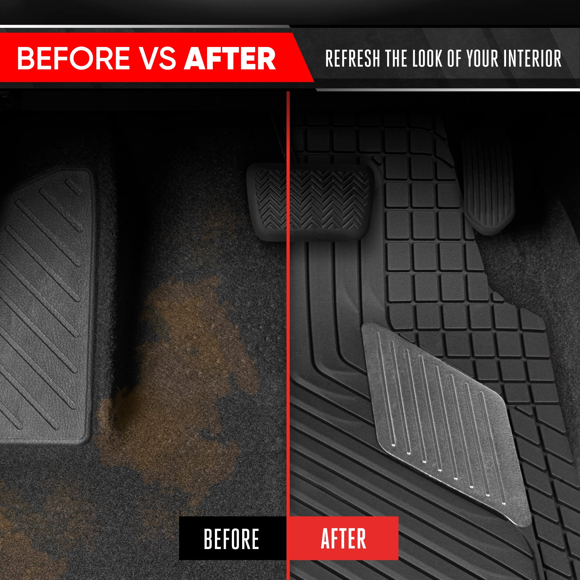 Motor Trend MetallicGuard Car Floor Mats Full Set - Durable Rubber Floor Mats with Silver Metallic Heel Pad, All-Weather Interior Protection for Front and Rear with Non-Slip Backing