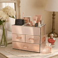 thumbnail image 2 of OnDisplay Miro 3 Drawer Mirrored Glass Makeup & Jewelry Organizer – Tiered Vanity Storage Box with Drawers and Velvet Lined Compartments (Rose Gold), 2 of 5