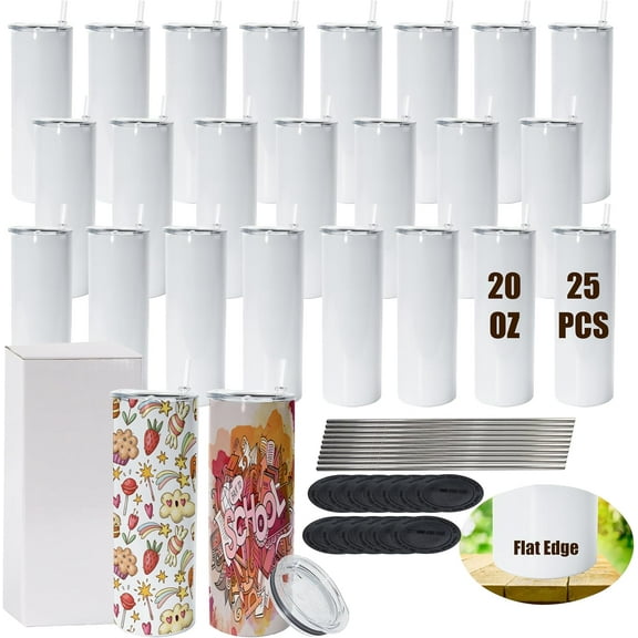 Sublimation Tumblers Blank 20oz, 25Pack Skinny Straight Sublimation Tumbler Bulk with Lid and Two Straw,Stainless Steel Double Wall Insulated Tumbler,Individually Wrapped Travel Mug,Flat Edge