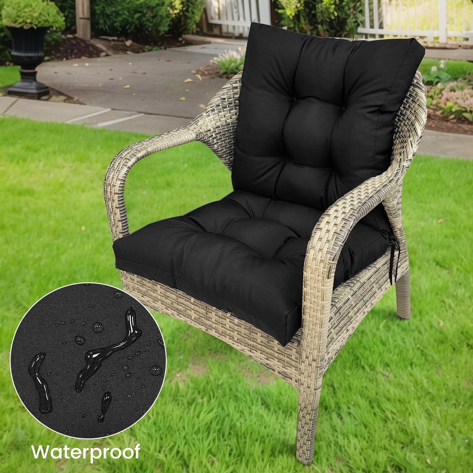 SHANNA Outdoor Chair Cushions, 4 Pack Tufted Thicken Waterproof Patio Chair Pad Wicker Chair Seat Cushion with Non-Slip Ties for Outdoor Furniture, Black