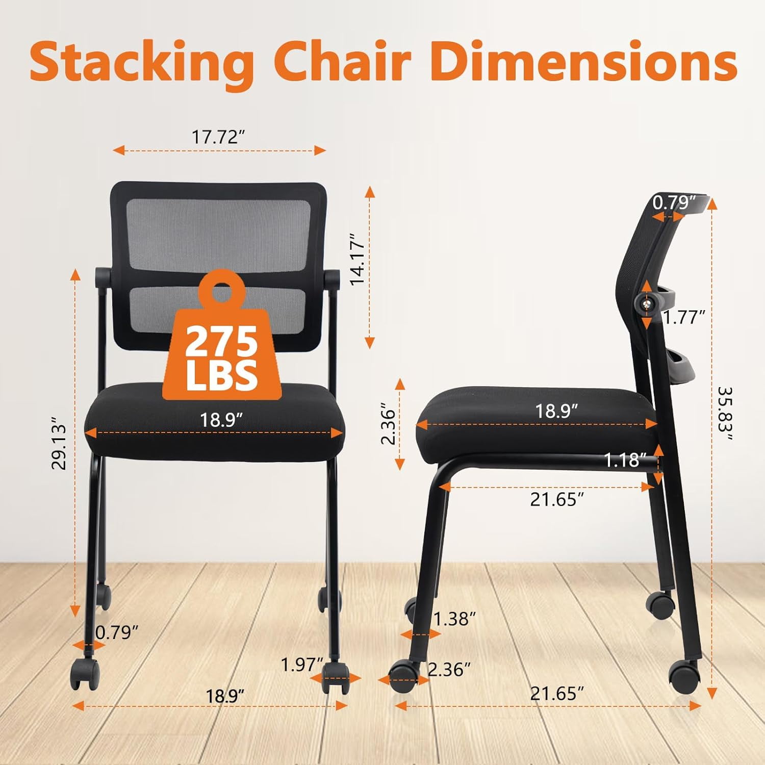 CLATINA Stacking Armless Office Waiting Room Chair with Wheels, Stackable Mesh Guest Reception Desk Chairs with Adjustable Backrest for Conference Lobby Side School, Black, 4 Pack