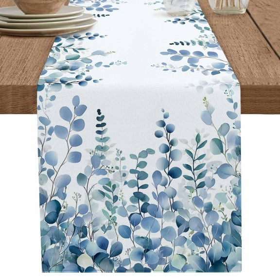 Summer Blue Eucalyptus Leaves Table Runner-70 Inch Long Watercolor Botanical Table Runners Linen Burlap Tablerunner for Kitchen Dining Room Holiday Party