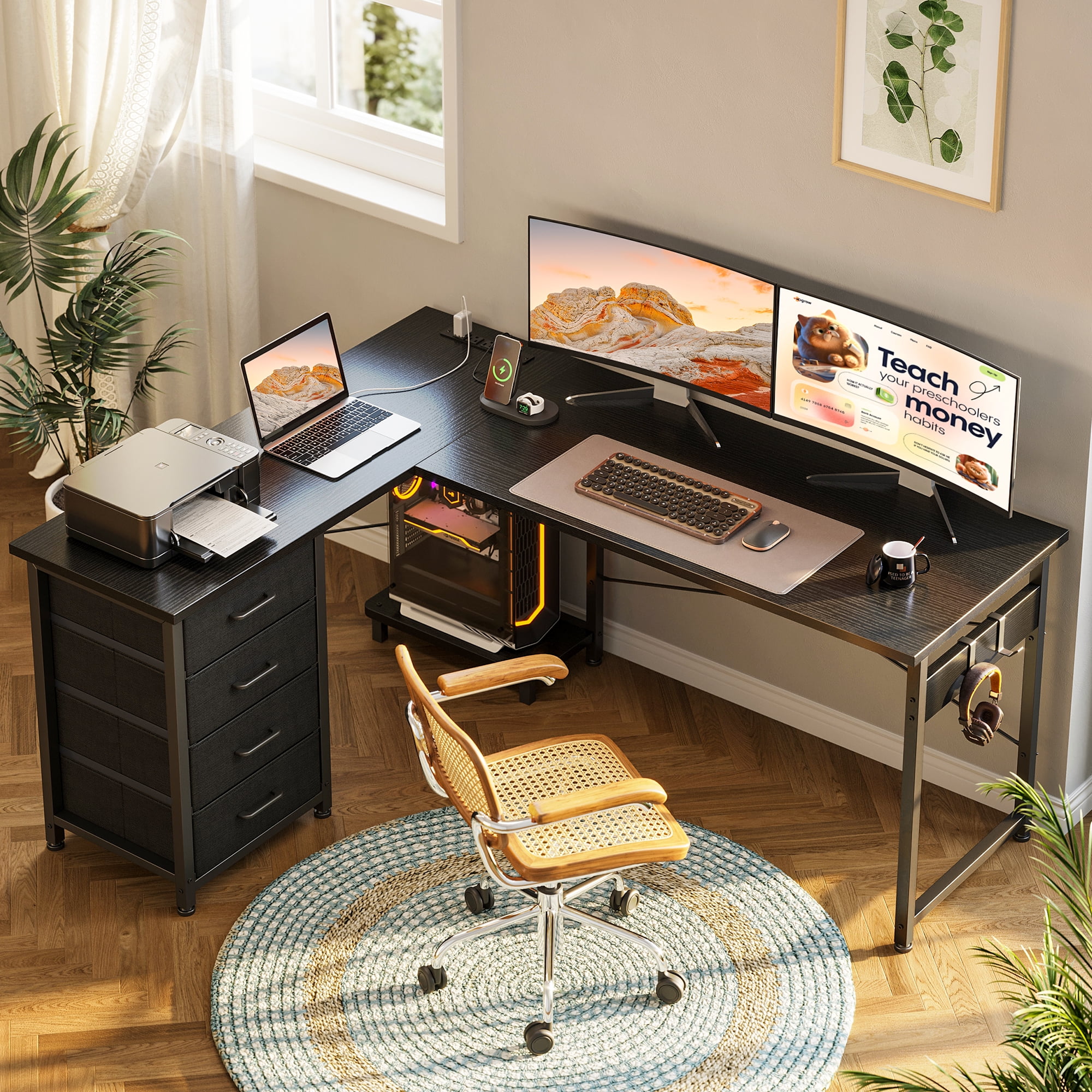 Casacomoda L Shaped Computer Desk with Charging Station, 53 inch PC Table Study Desk 4 Tier Drawers, Modern Simple Style Laptop Desk for Bedroom, Black
