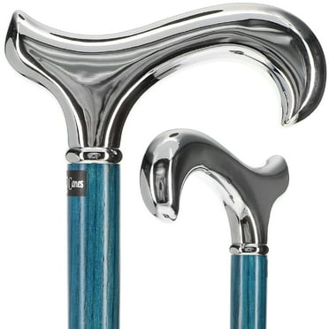 Blue Chrome Plated Derby Walking Cane with Blue Ash Wood Shaft and Silver Collar