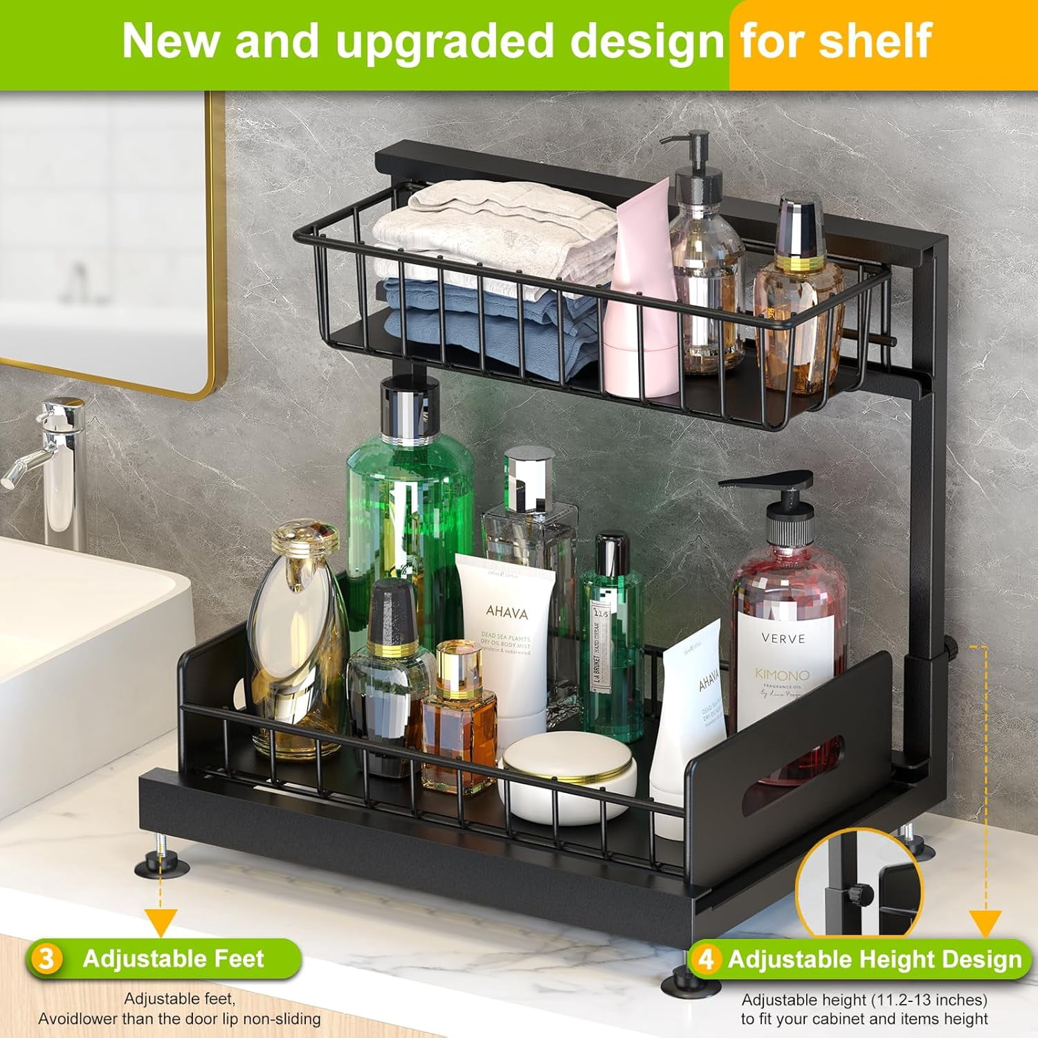 2 Pack Under Sink Organizer,Pull Out Cabinet Organizer 2 Tier Slide Out Sink Shelf Cabinet Organizer and Storage,Adjustable Under Counter Organizers for Under Kitchen Bathroom Organization