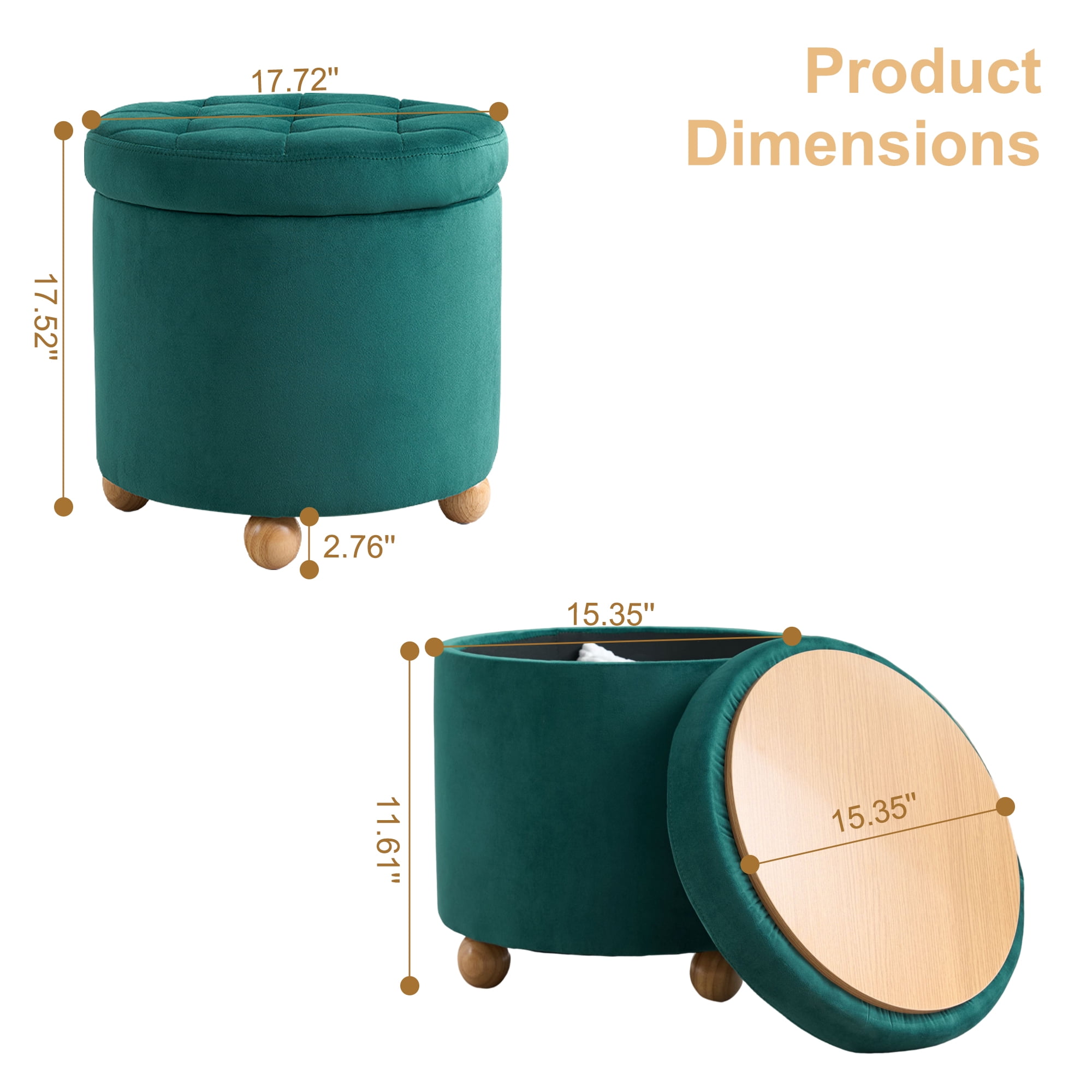Round Velvet Storage Ottoman with Reversible Tray Lid, Tufted Upholstered Footrest Stool with Wooden Legs