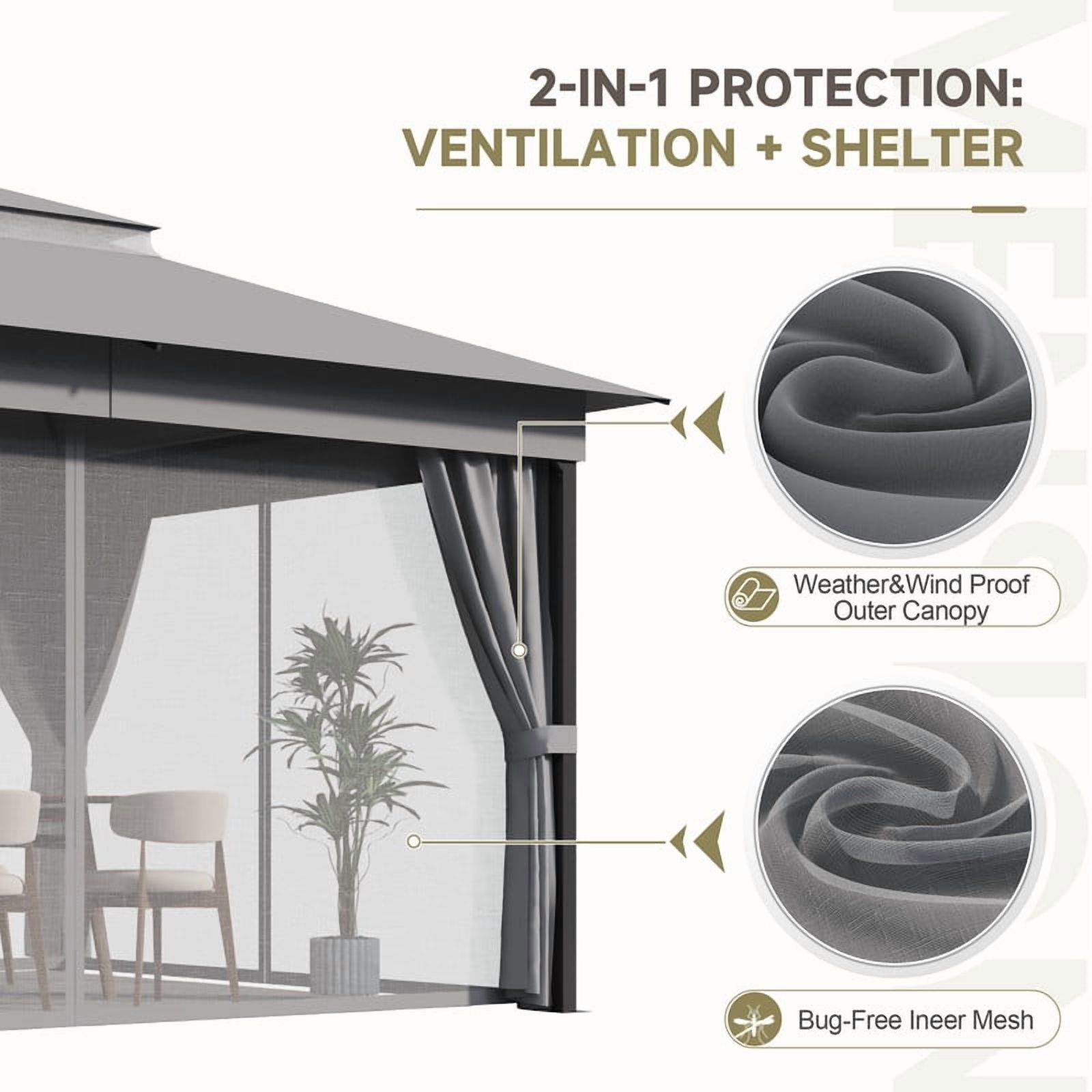 Devoko 10×13 ft Outdoor Pop Up Gazebo with Mosquito Netting，Double Roof Gazebo with Double Curtains for Backyard, Garden and Patio,Gray