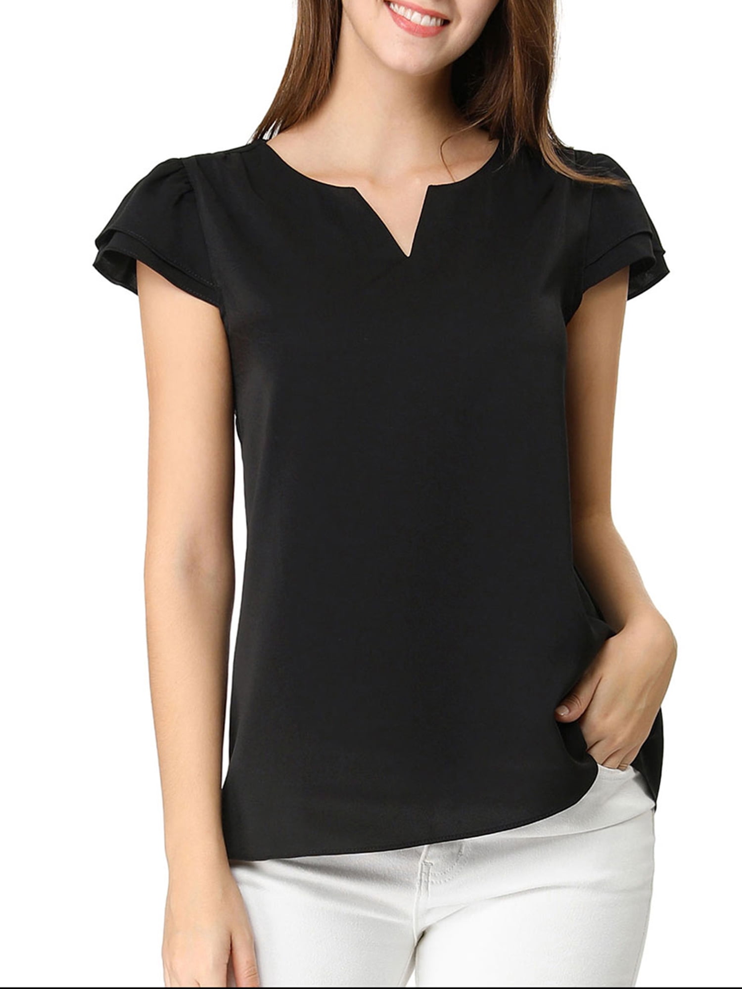 DARING DIVA Women's V Neck Casual Solid Cap Blouse Top XS Black
