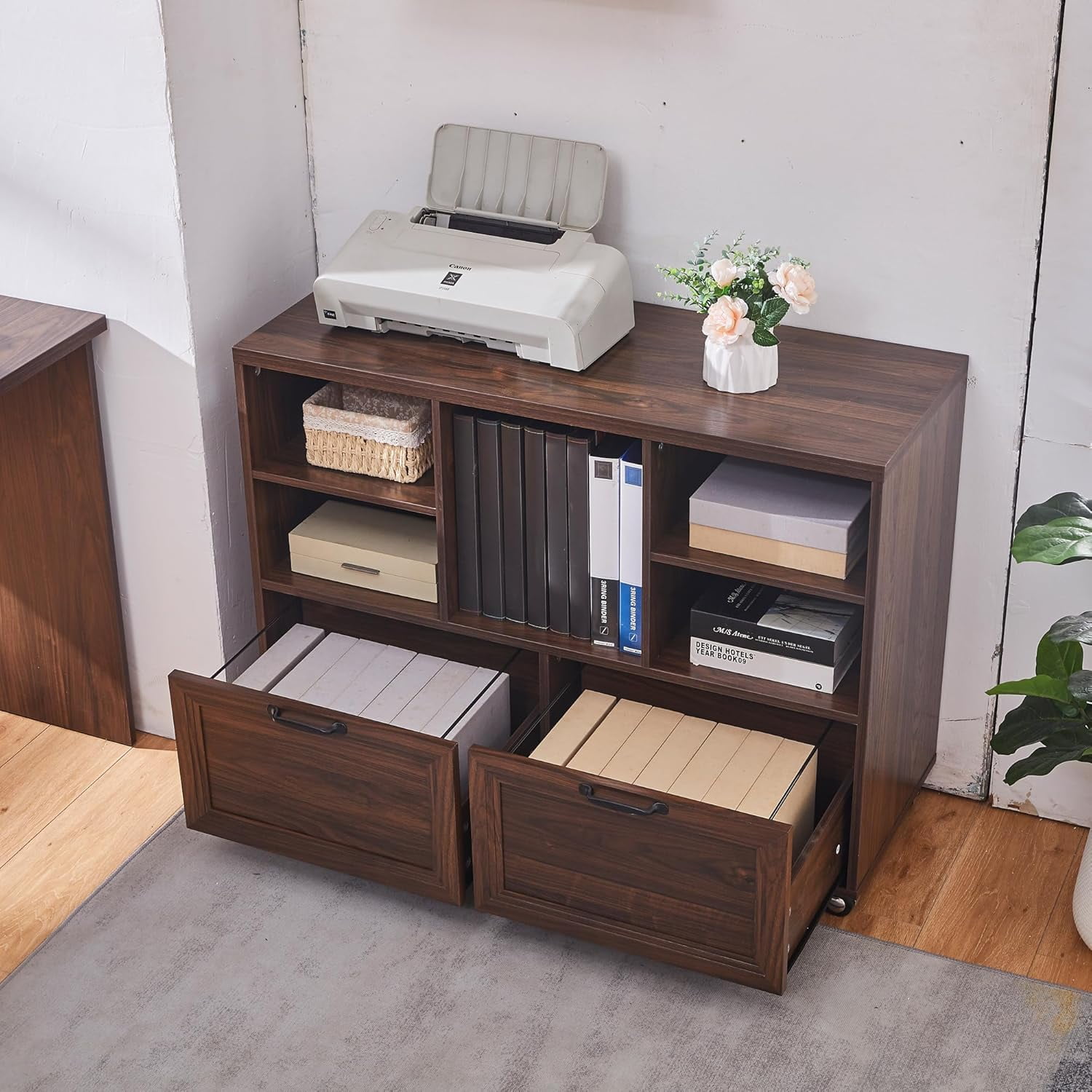 LayBurst 39.3" Farmhouse Wood File Cabinet with Wheels,Small Home Office Storage,Rolling File Cabinet with 2 Drawers for Legal/Letter/ A4 Size (Brown)