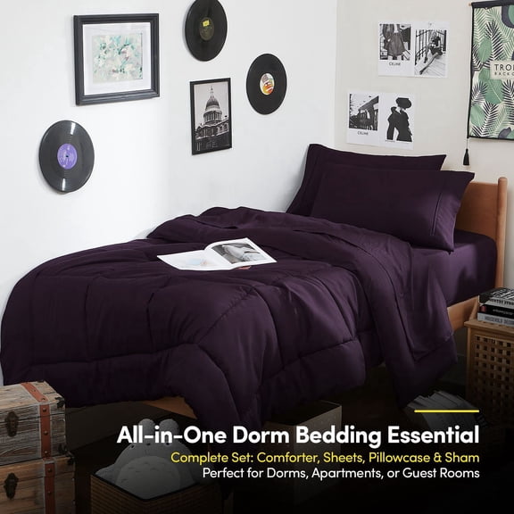 7PC Campus Ready Dorm Twin XL Bedding Bundle, Solid Comforter, Down Alternative Bed Pillows and Sheet Set - Purple